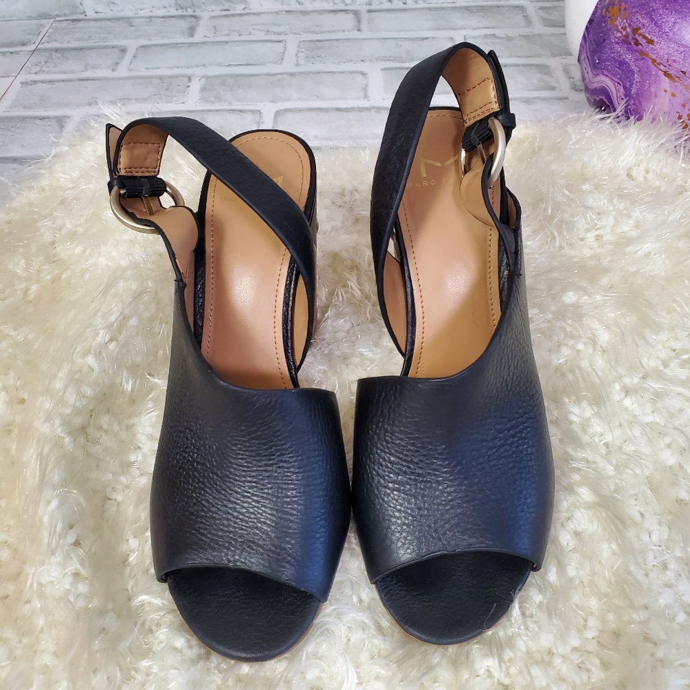 Marc Fisher Black Leather Pebbled Block Heel Slingback Sandals Size 6M